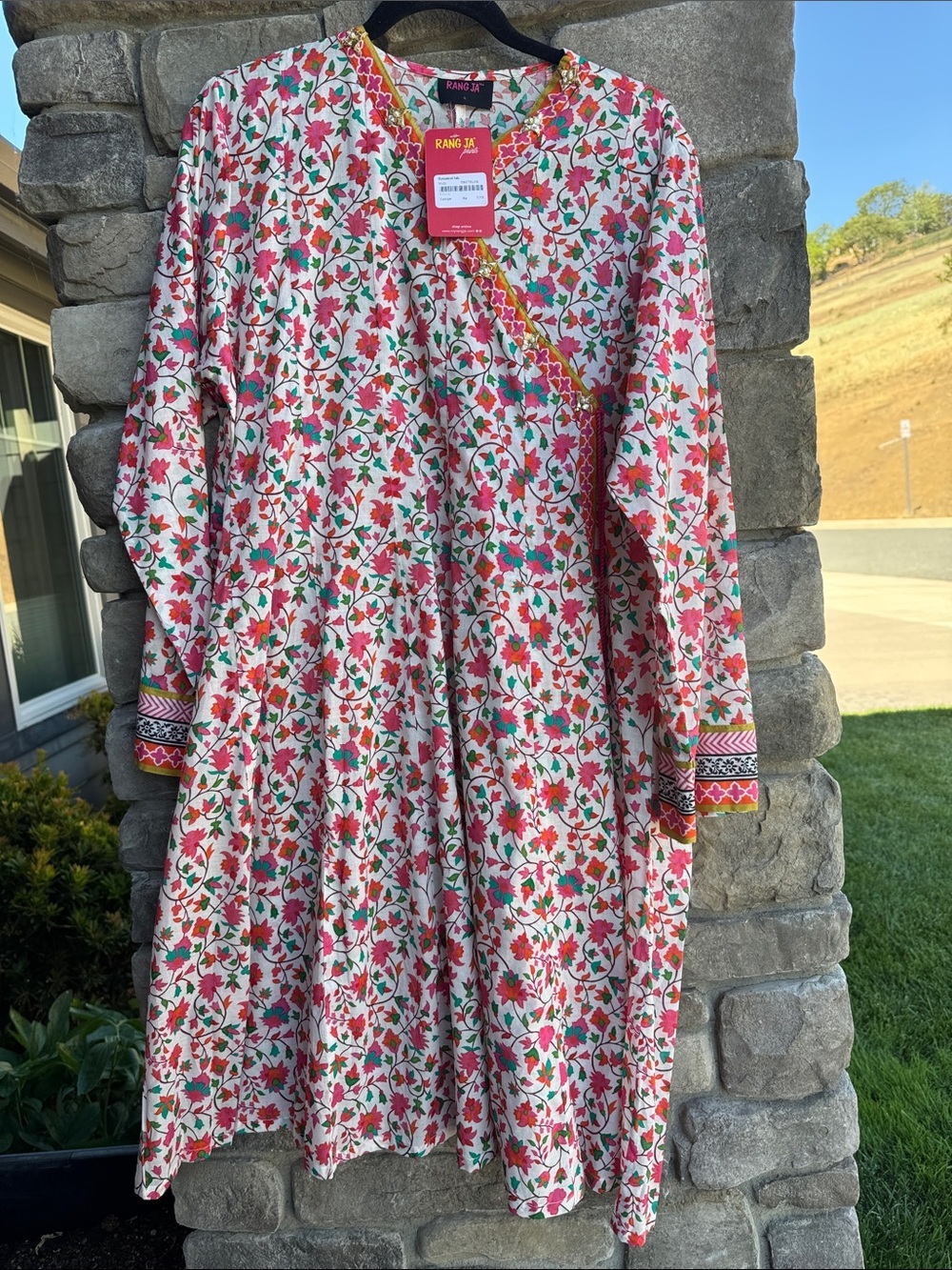 NWT RANG JA Pakistani Dress Womens L Cotton Floral Pink Tassels pearls gold star